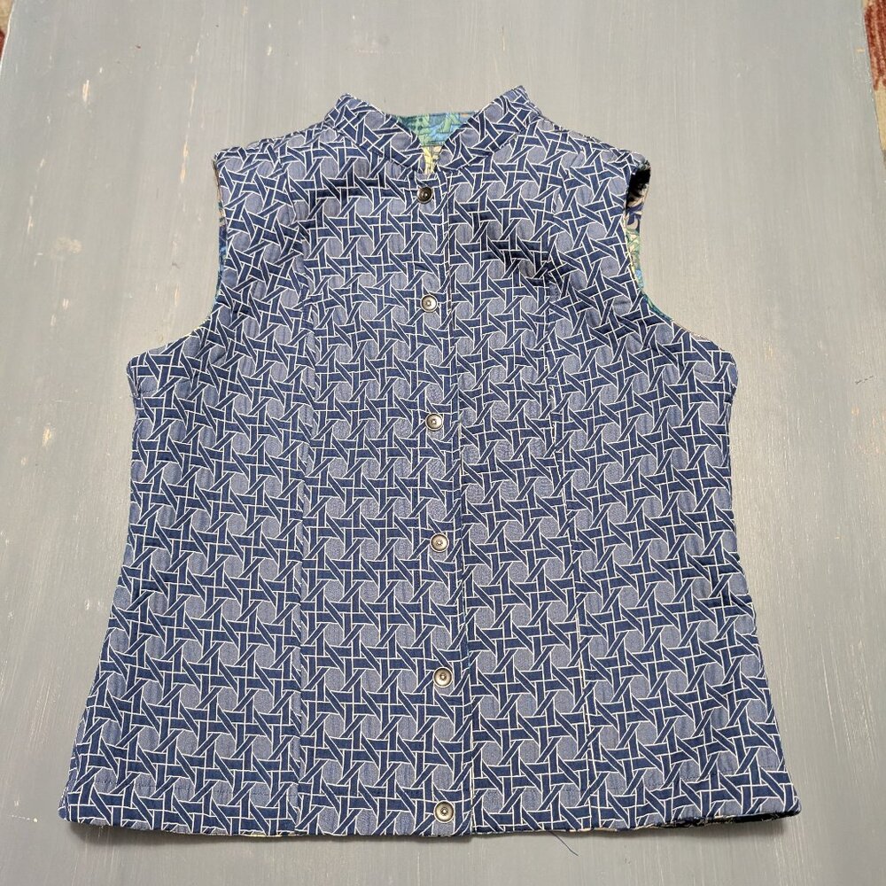 Vintage Double Sided Quilted Patchwork Vest Blue Green Yellow Button Up Boho